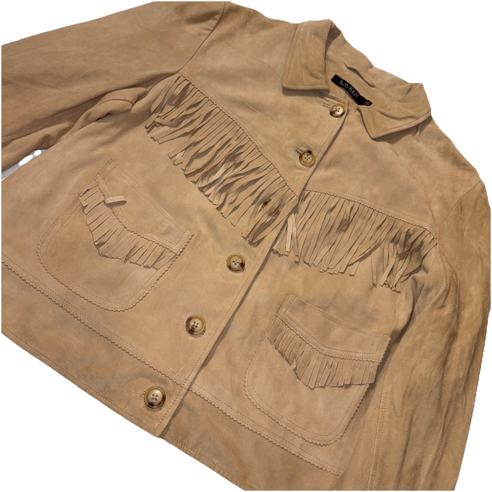 Lauren Ralph Lauren Suede Leather Fringe Western Jacket Camel Women's 18